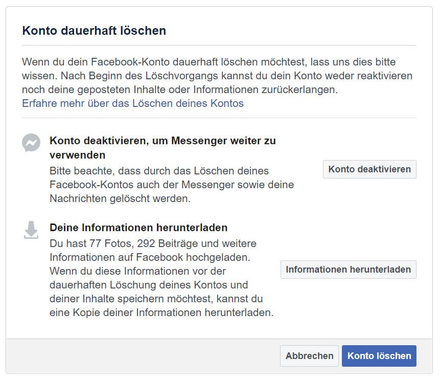 Facebook Konto löschen Ansicht