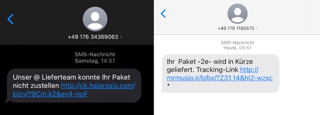 Zwei Fake-SMS, die sich als Paketdienstleister ausgeben.