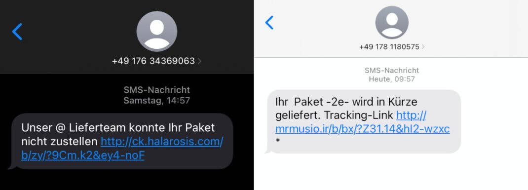 Zwei Fake-SMS, die sich als Paketdienstleister ausgeben.