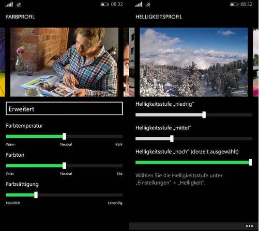 Farb- und Helligkeitsprofil beim Lumia 830 anpassen