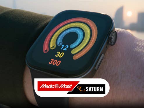 Huawei-Smartwatch mit VItalwerten, daruner das MediaMarkt/Saturn-Logo