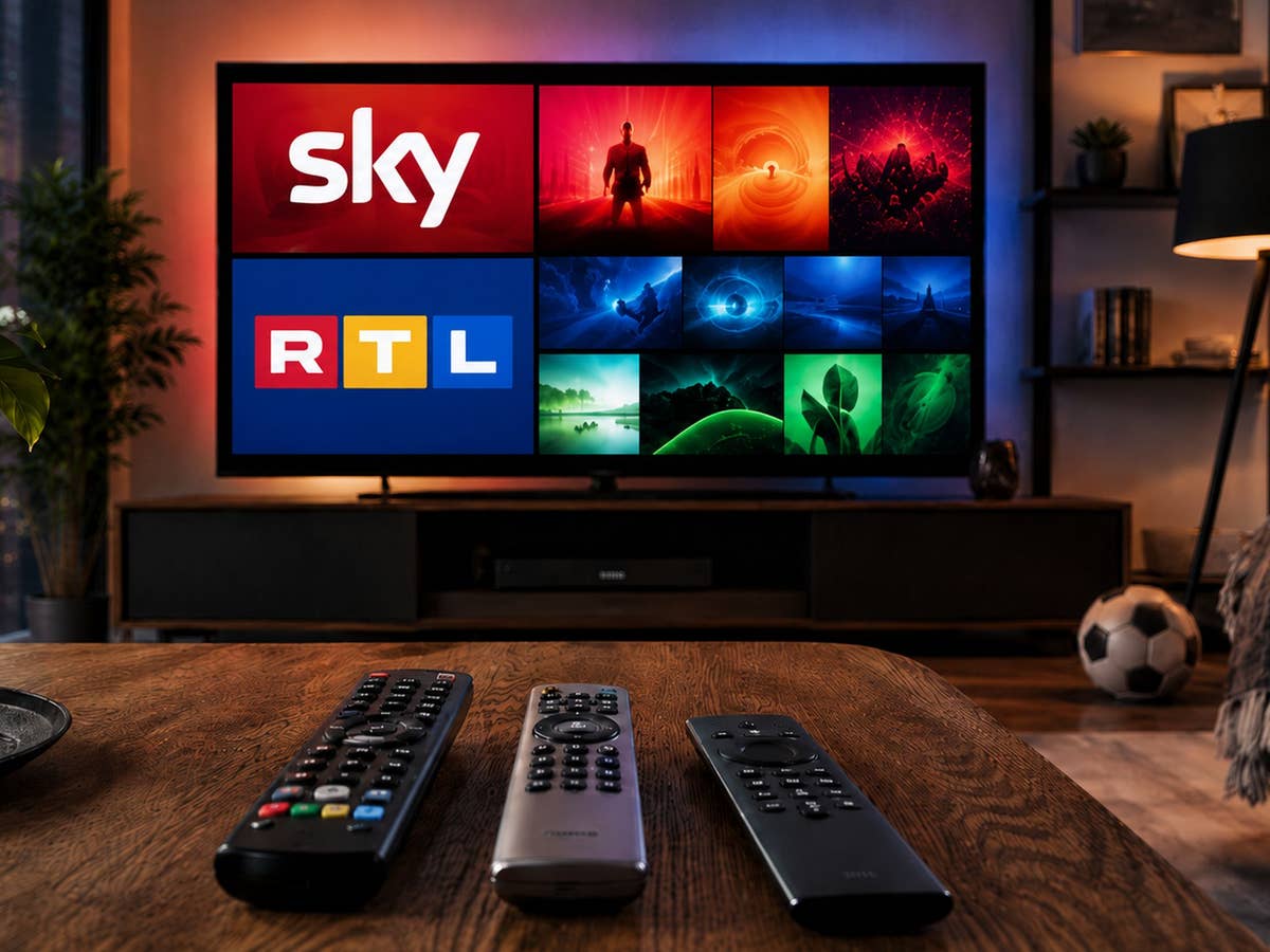 RTL schluckt Sky: Das müssen Kunden wissen Blick in ein Wohnzimmer, auf dem TV-Gerät unter anderem Logos von Sky und RTL, auf einem Tisch drei Fernbedienungen