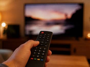 Eine TV-Fernbedienung auf einen Fernseher gerichtet