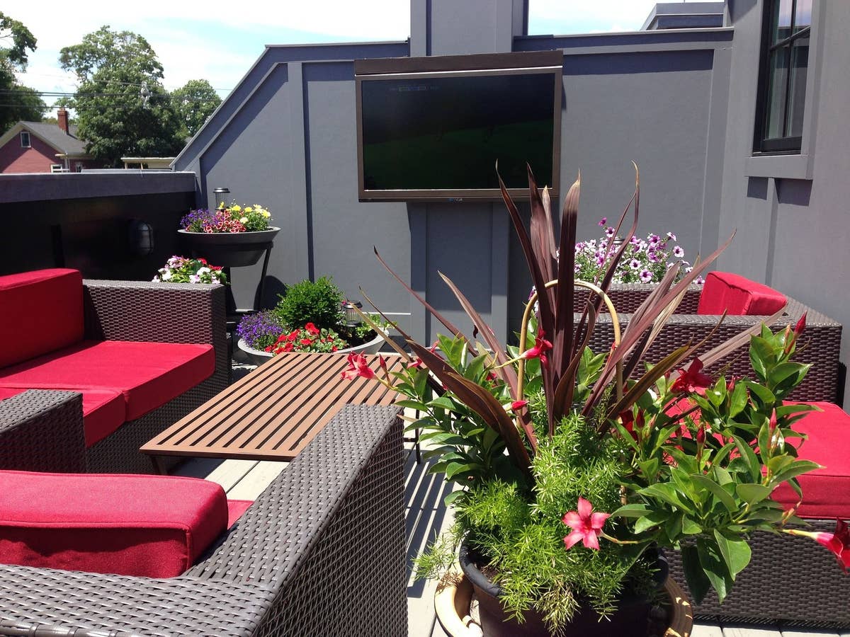 Ein Fernseher steht auf einer großen Terrasse, im Vordergrund sind Sitzgelegenheiten und Blumen zu sehen