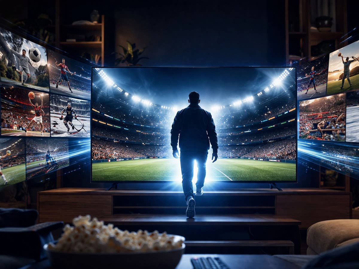 Neuer Player beim Sport-Streaming ein TV mit Sportbildern und ein Mann der in den TV läuft