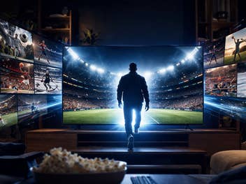 ein TV mit Sportbildern und ein Mann der in den TV läuft