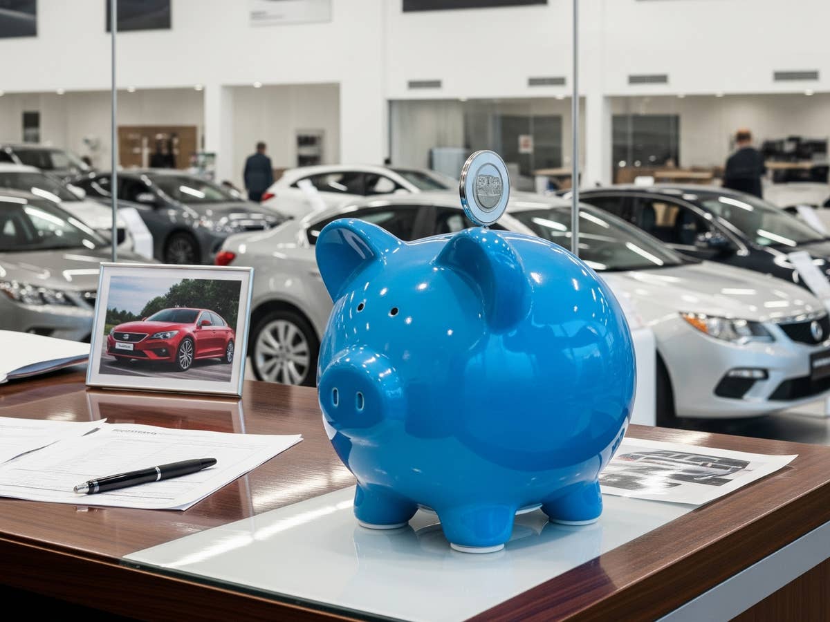 Sparschwein steht auf einem Tisch in einem Autohaus.
