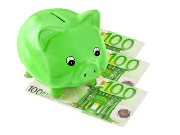 Sparschwein steht auf 100-Euro-Geldnoten