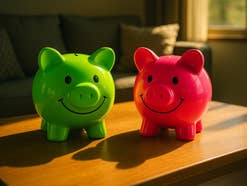 Zwei Sparschweine stehen auf einem Tisch im Sonnenlicht um für Festgeld-Angebote von Klarna und SWK Bank zu werben.