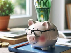 Sparschwein mit Brille und 100-Euro-Schein steht auf einem Schreibtisch vor einem Fenster.