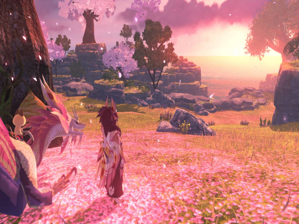 Drache und Spieler stehen vor landschaften mit Kirschblütenblättern