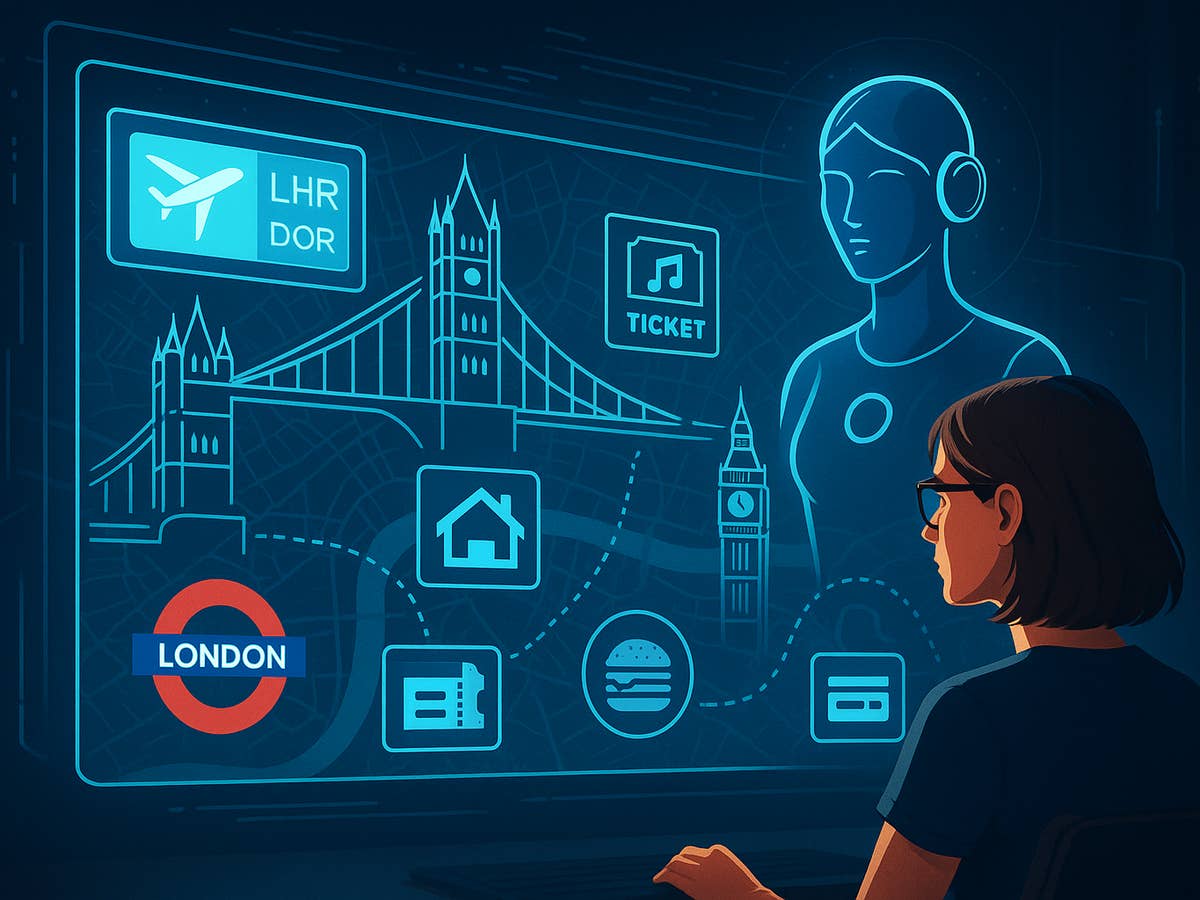 Eine Person interagiert mit einer digitalen Oberfläche, die reisebezogene Informationen über London anzeigt.