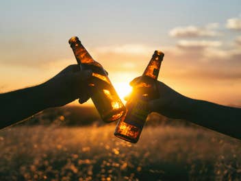 Zwei Menschen prosten sich im Sonnenschein mit Bierflaschen zu.