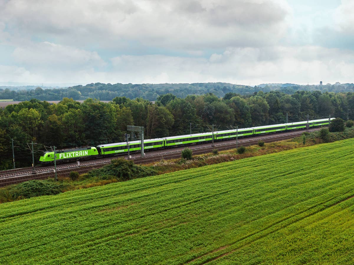 Flixtrain fährt auf Schienen in der Luftperspektive.