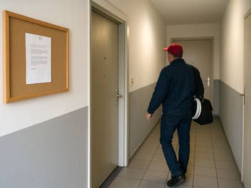 Ein Techniker läuft einen Hausflur entlang