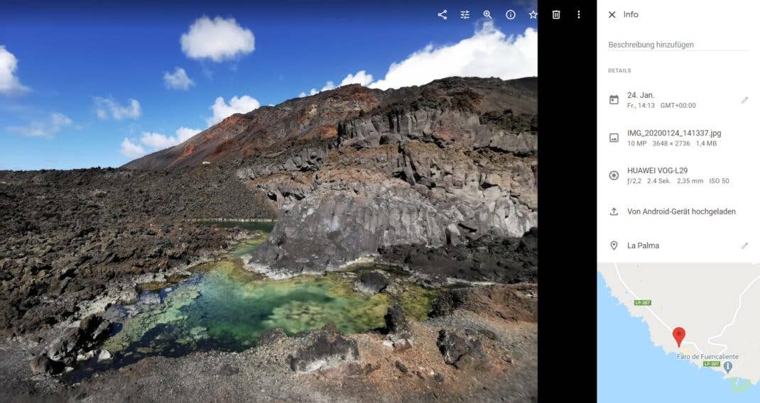 Beim Fotografieren mit dem Smartphone: Standort einschalten. Foto mit GPS-Koordinaten gespeichert - Ansicht bei Google Fotos