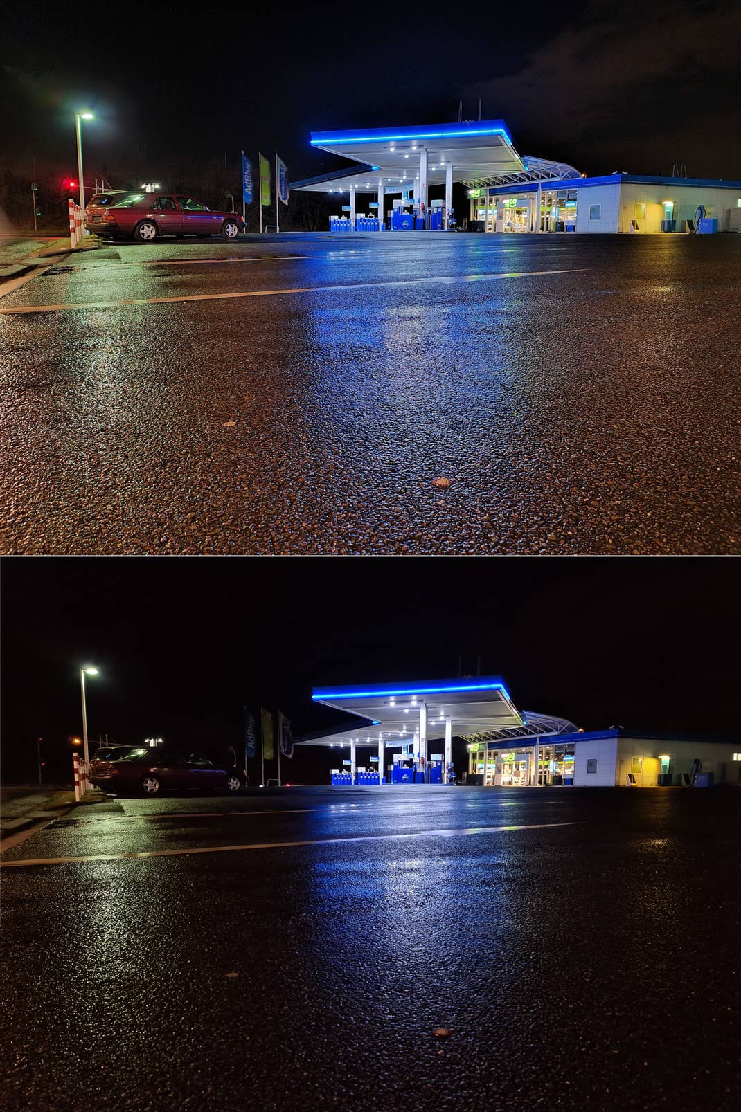 Nachtfotografie: Galaxy S20 Ultra mit eingeschaltetem Nachtmodus (oben) und ohne die Einstellung (unten)