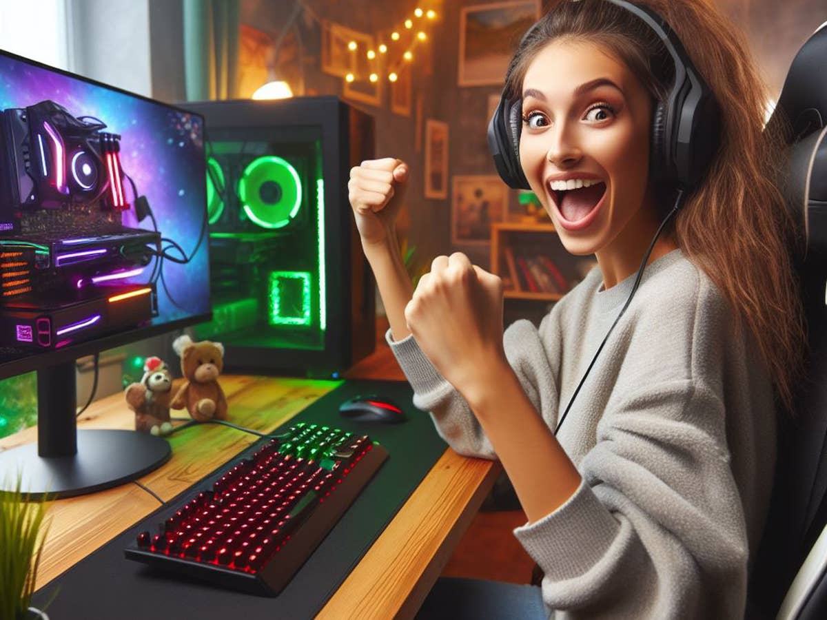 Gaming-Marken krass reduziert Eine junge Frau sitzt begeistert vor ihrem bunt leuchtenden Gaming-PC (erstellt mit KI)