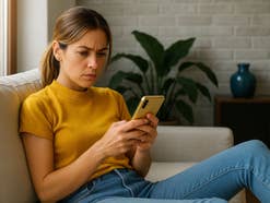 Eine Frau sitzt auf der Couch, ein Handy in der Hand. Sie hat einen unverständlichen Blick.