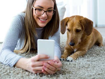 Frau mit Smartphone in der Hand und Hund neben ihr
