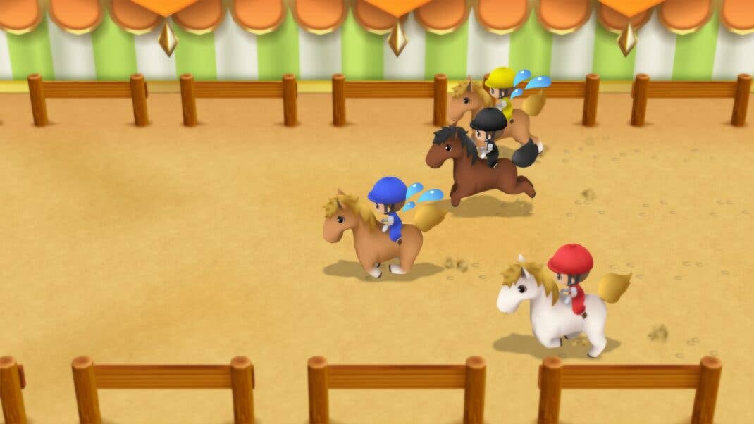 Ein Pferderennen im Spiel Friends of Mineral Town.