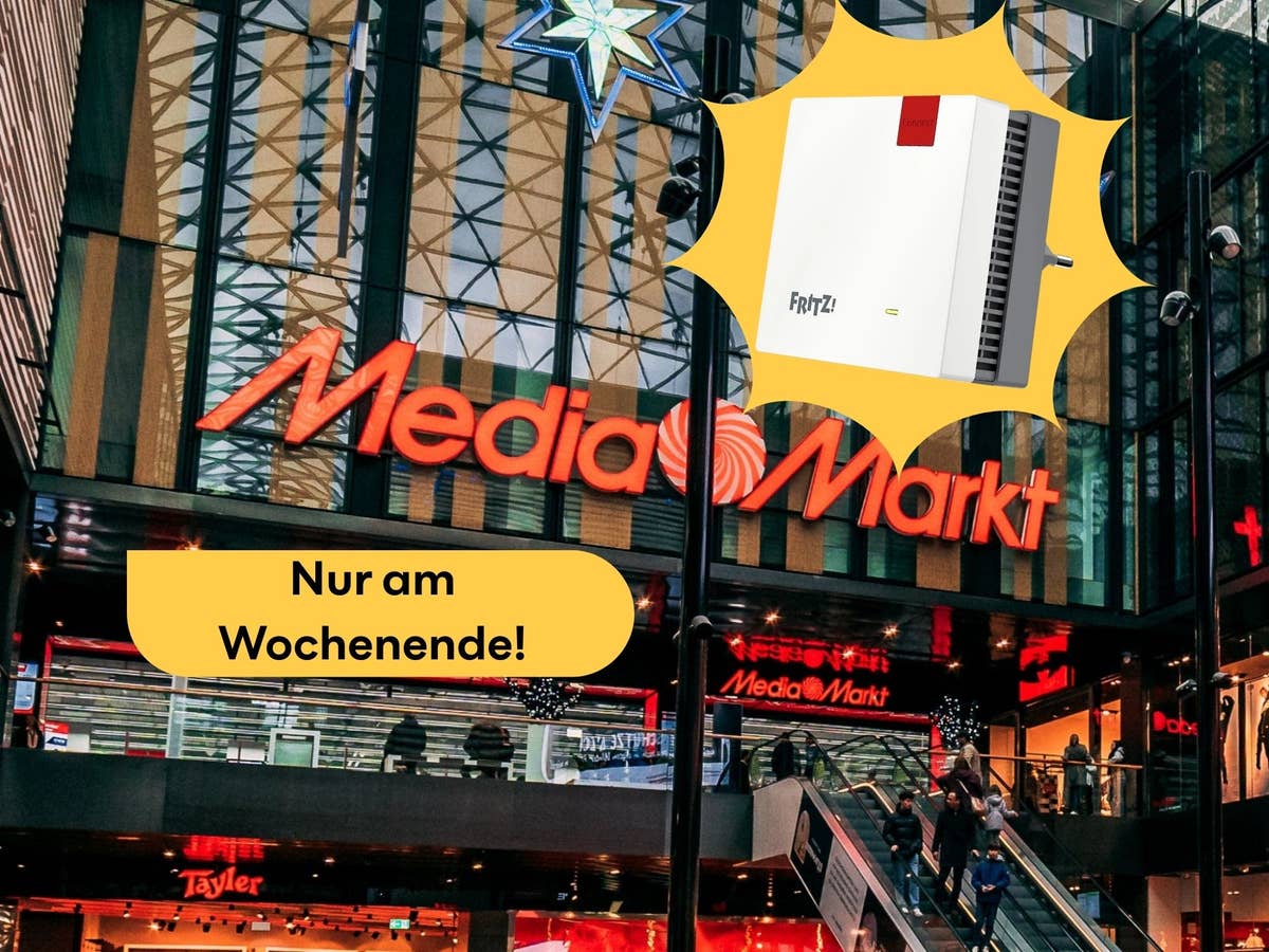 MediaMarkt im Hintergrund, FritzRepeater im Vordergrund mit dem Schriftzug 