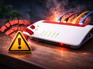 Eine Fritz!Box mit Achtung-Zeichen