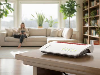 FritzBox steht in einem Wohnzimmer auf einem Tisch.