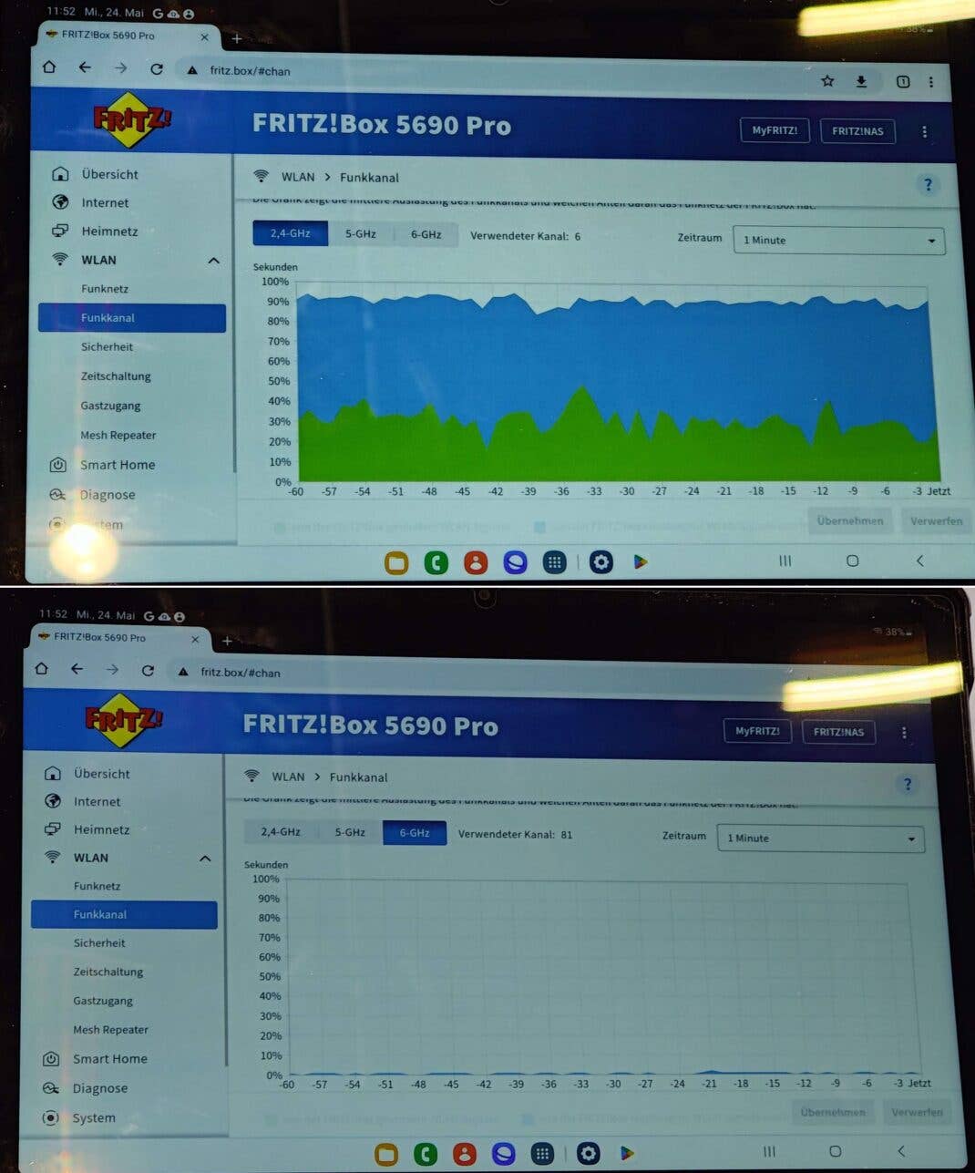 WLAN auf der FritzBox 5690 Pro: 2,4 GHz-Band im Vergleich zum 6-GHz-Band