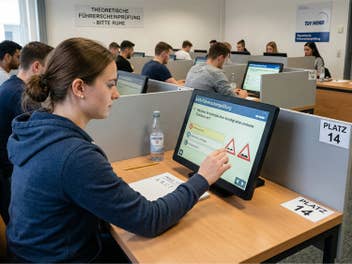 Eine Person befindet sich in der theoretischen Führerscheinprüfung