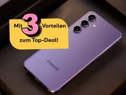 Samsung Galaxy S24 liegt auf einem Tisch. Daneben der Hinweis auf ein aktuelles Angebot mit 3 Vorteilen