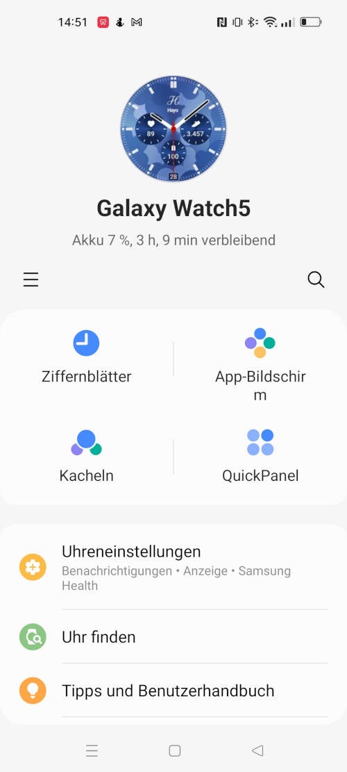 Galaxy Wearable App Startseite.
