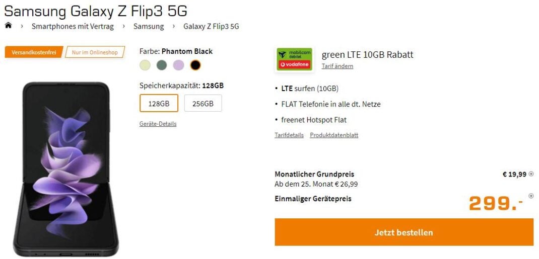 Screenshot: Samsung Galaxy Z Flip3 mit tarif bei Saturn