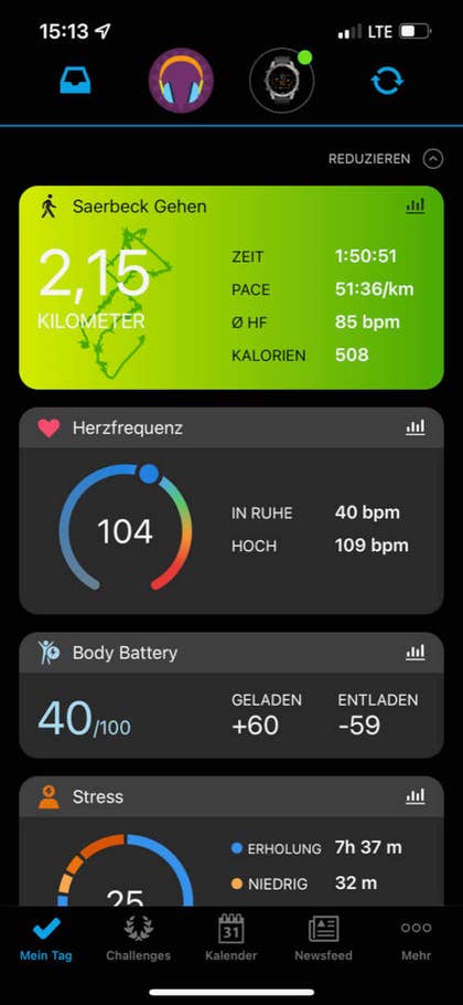 Garmin Connect App mit der Garmin Epix Gen 2 Startseite