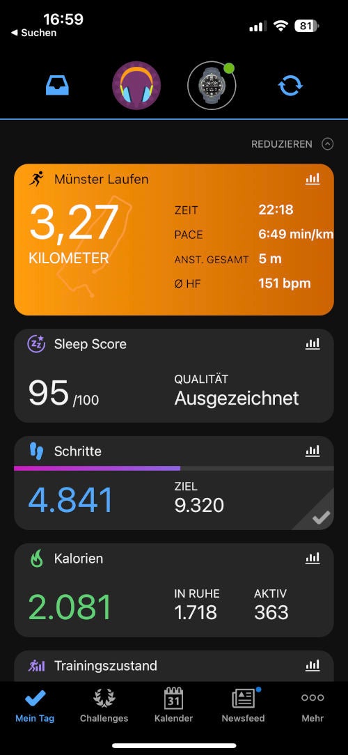 Startseite der Garmin Connect App.