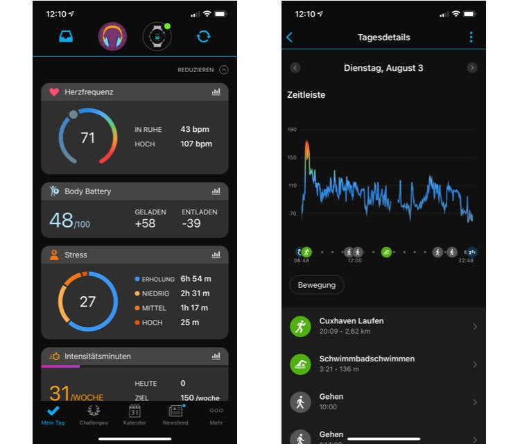 Screenshots aus der Garmin Connect App