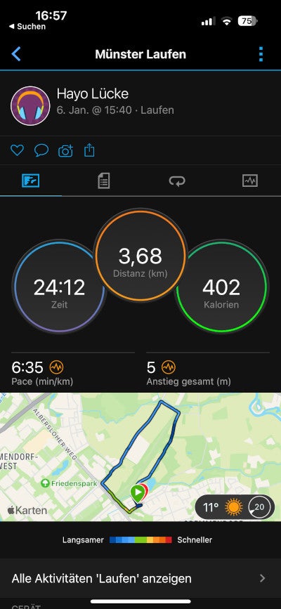 Workout-Ansicht in der Garmin Connect-App.