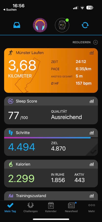 Startseite der Garmin Connect App.