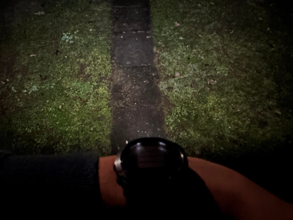 Lichtkegel der LED-Taschenlampe der Garmin Enduro 2 auf dem Boden.