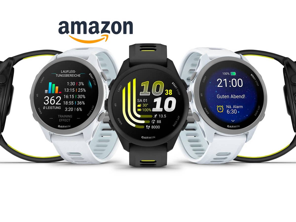Garmin Forerunner 170 in verschiedenen Farben, darüber das Amazon-Logo