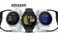 Garmin Forerunner 170 in verschiedenen Farben, darüber das Amazon-Logo