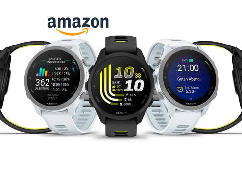 Garmin Forerunner 170 in verschiedenen Farben, darüber das Amazon-Logo