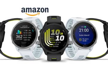 Garmin Forerunner 170 in verschiedenen Farben, darüber das Amazon-Logo