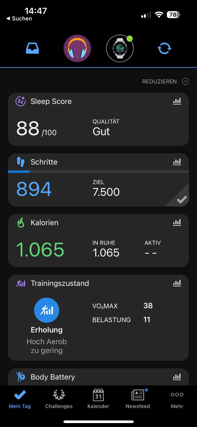 Startseite der Garmin Connect App.