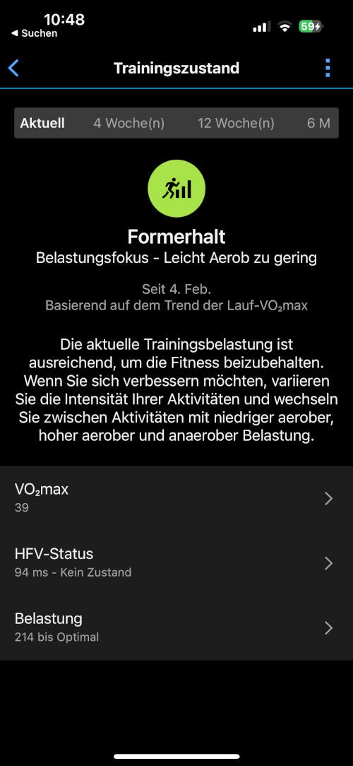 Details zum Trainingszustand in der Garmin Connect App.