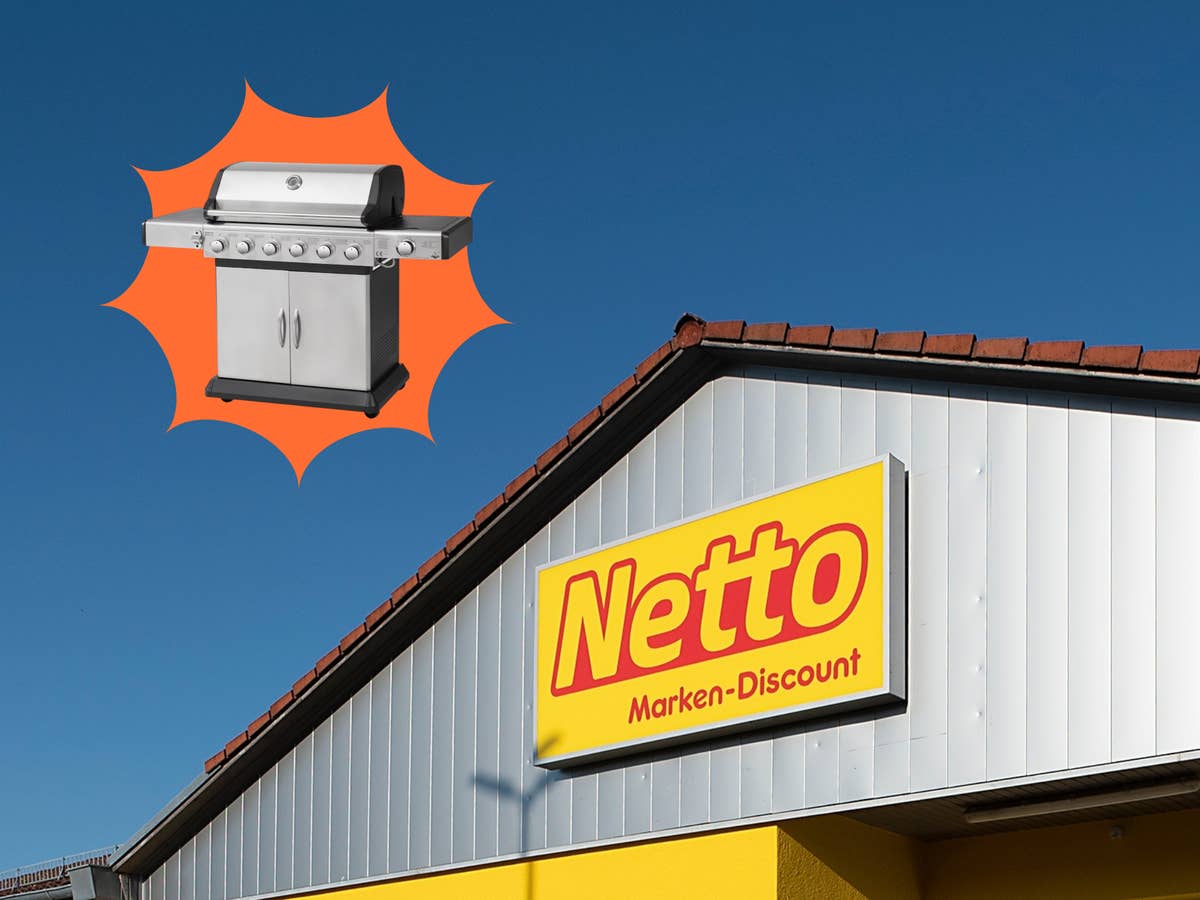 Netto-Filiale mit Logo, in einer orangenen Blase ein Bild von einem Gasgrill.