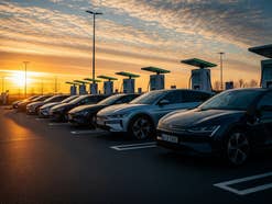 E-Autos stehen an Ladesäulen im Sonnenaufgang. E-Autos stehen an Ladesäulen im Sonnenaufgang.