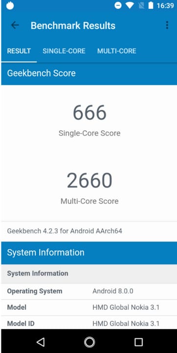 Geekbench-Testergebnis Nokia 3.1 Geekbench-Testergebnis Nokia 3.1