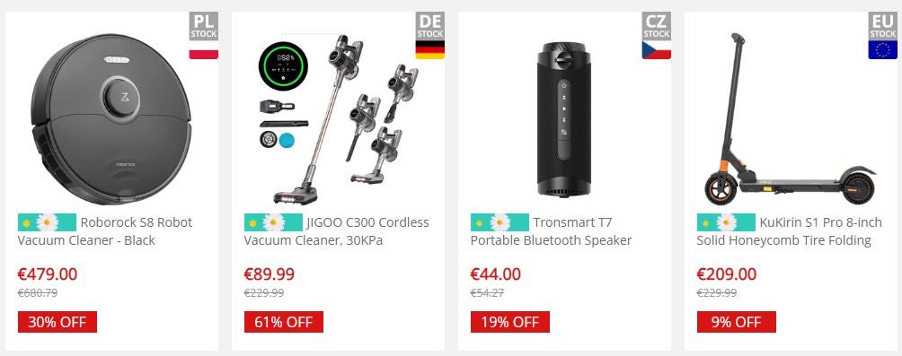 KLeine Icons bei Geekbuying geben an, in welchem Land sich der Lagerort eines Artikels befindet.