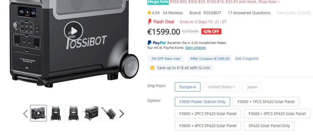 Angebot bei Geekbuying mit der Option das Versand-Lager zu wählen